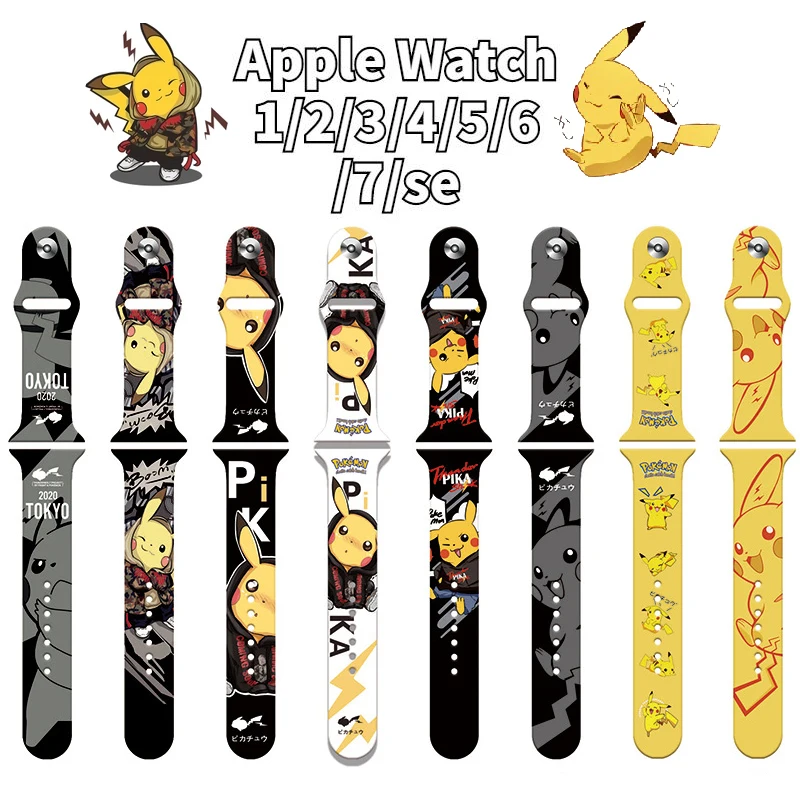 Купи For Apple watch1/2/3/4/5/6/7/se belt Pokemon anime character Pikachu cartoon apple watch replacement wristband strap kids gifts за 148 рублей в магазине AliExpress