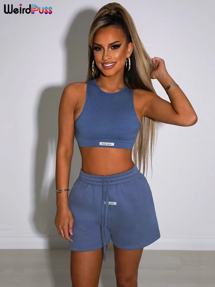 

Weird Puss Women Sporty 2 Piece Set Letter Label Fitness Suits Sports Vest+Sweat Shorts Matching Solid Stretch Skinny Streetwear