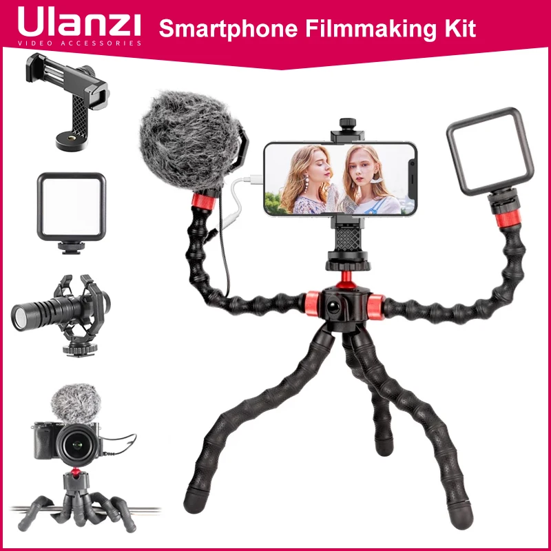 

Комплект для видеосъемки смартфона Ulanzi, универсальный комплект для прямой трансляции видео и прямой трансляции, штатив, держатель для телефона, микрофон, держатель для видеосъемки 5 в 1