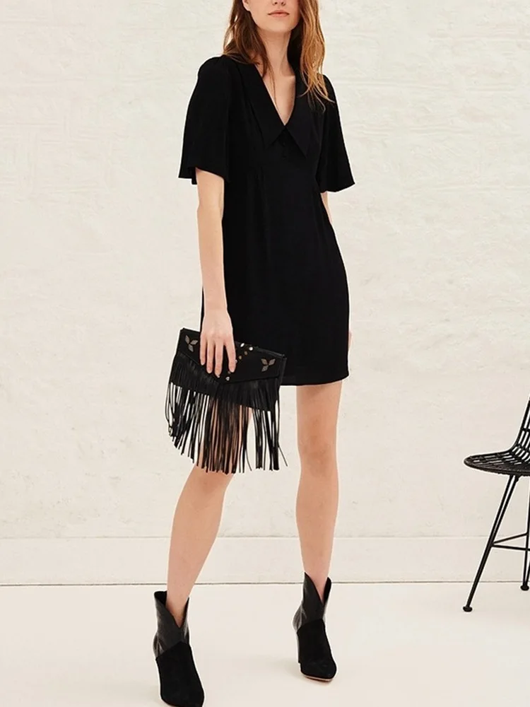 

Elegant Waist Small Black Dress V-neck Short-sleeved Dress Women