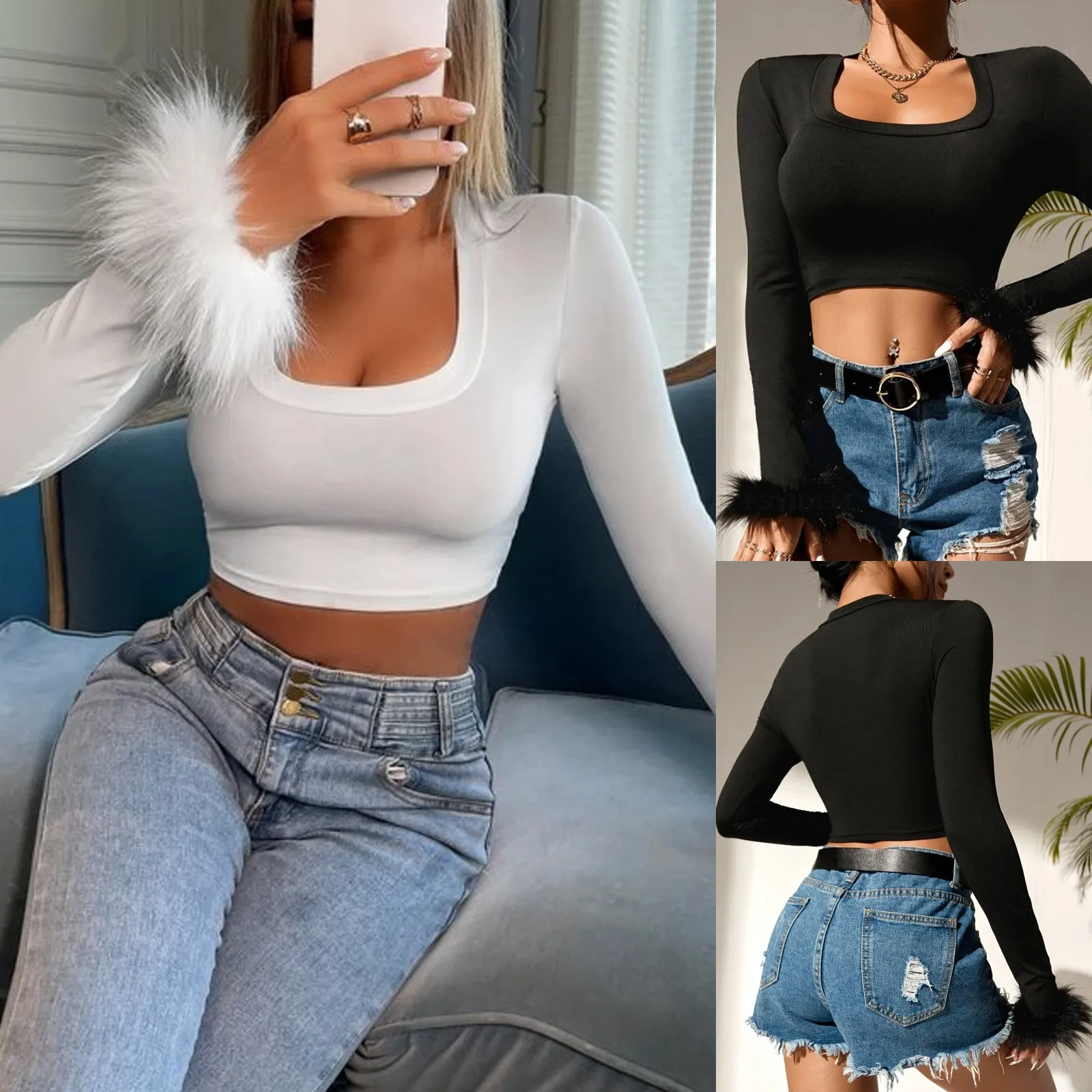 

Women's T-shirt Solid Color Slim Fit Women T Shirt Square Neck Long Sleeve Fur Top T-shirt