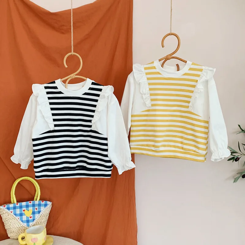 

Striped color fly sleeve girls' sweater lotus leaf sleeve casual children's Outerwear top new autumn 2022 children's wear