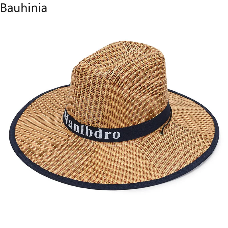 Bauhinia Straw Cowboy Hat Women Men Summer Windproof Rope   Beach Sun hat Outdoor Breathable Sombrero Hombre Lifeguard Hats