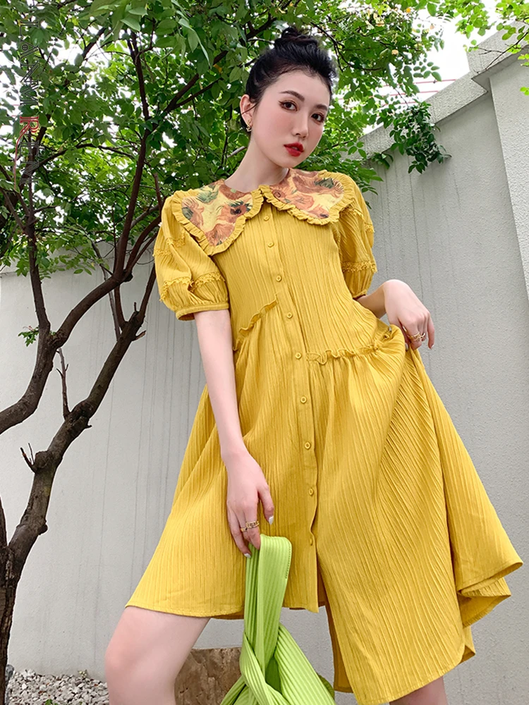 

LANMREM винтажное Ассиметричное платье с отворотами 2022 летнее Новое однобортное платье желтого цвета с короткими рукавами модная одежда 2R1970