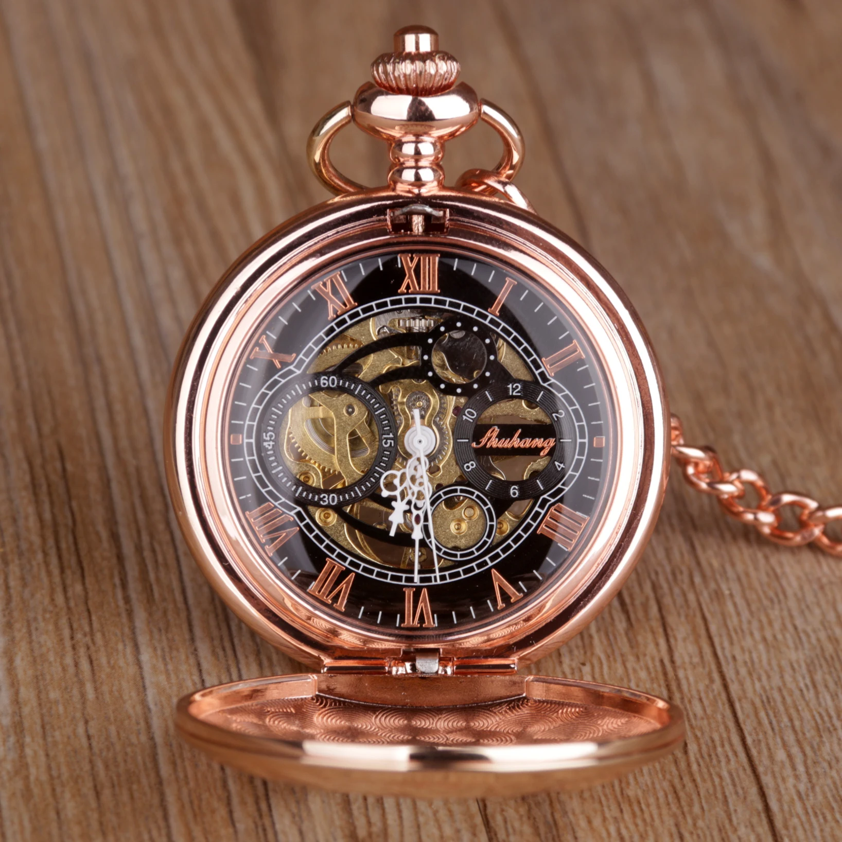 Vintage Premium Rose Gold Roman Numeral Display Mechanical Pocket Watch Ladies Pendant Clock Strap Chain Gift