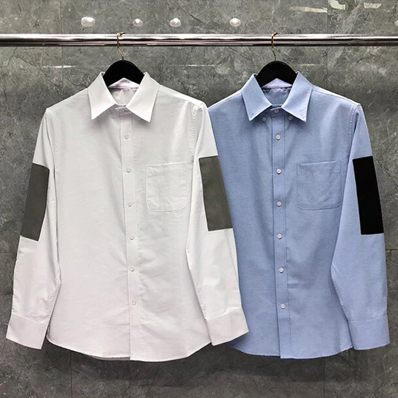 TB THOM Men's Regular-Fit Short-Sleeve Patchwork Oxford Shirt Fashion Brand Turn Down Collar Slim Men‘s Clothing TB Shirts