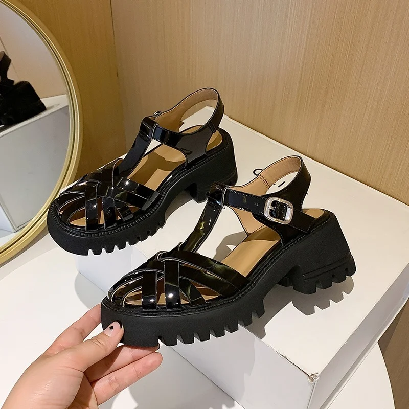 

High Quality Platform Roman Sandals Women 2022 Summer Black Retro Non Slip Sandals Round Toe Chunky Heel Female Shoes Handmade