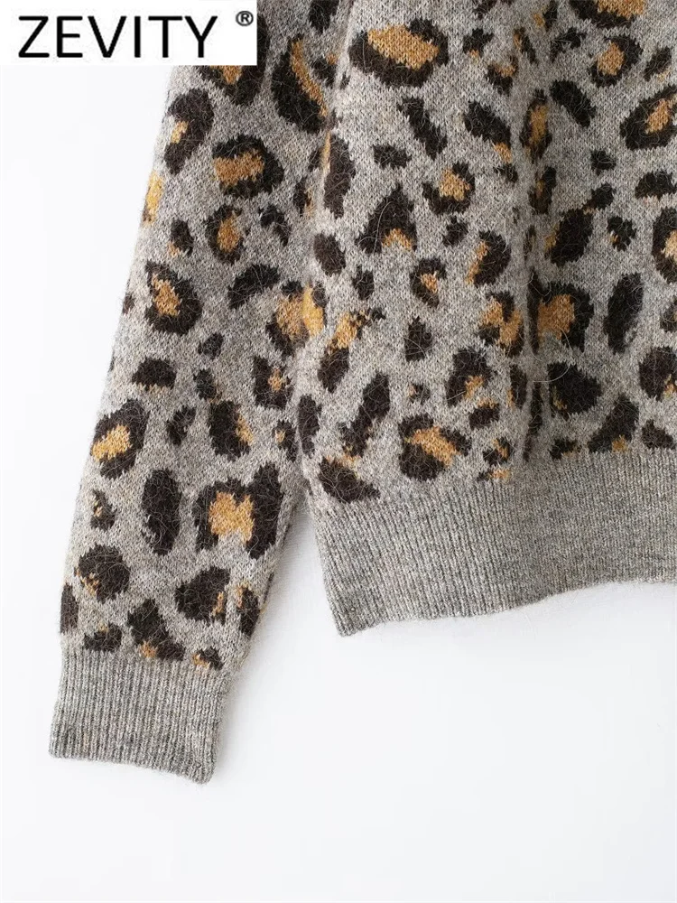 Zevity новинка 2024 женский модный леопардовый вязаный крючком свитер с круглым