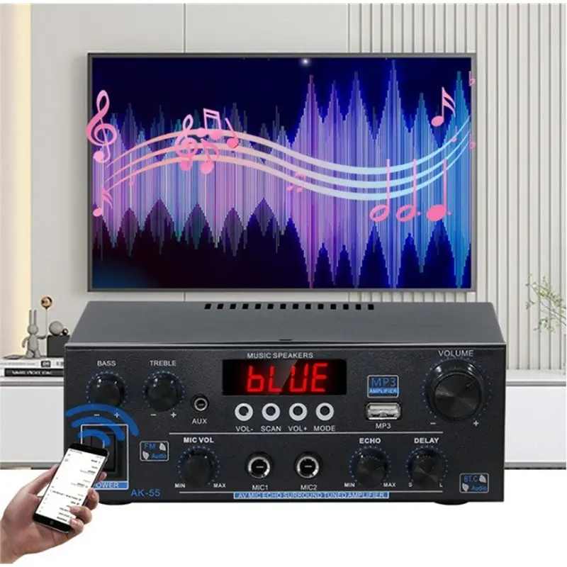Фото Цифровой Hi-Fi усилитель A99E-AK55 с Bluetooth, объемным звуком, максимальной мощностью для домашнего и автомобильного использования, аудиоусилитель BT 5.0, вилка стандарта США №4