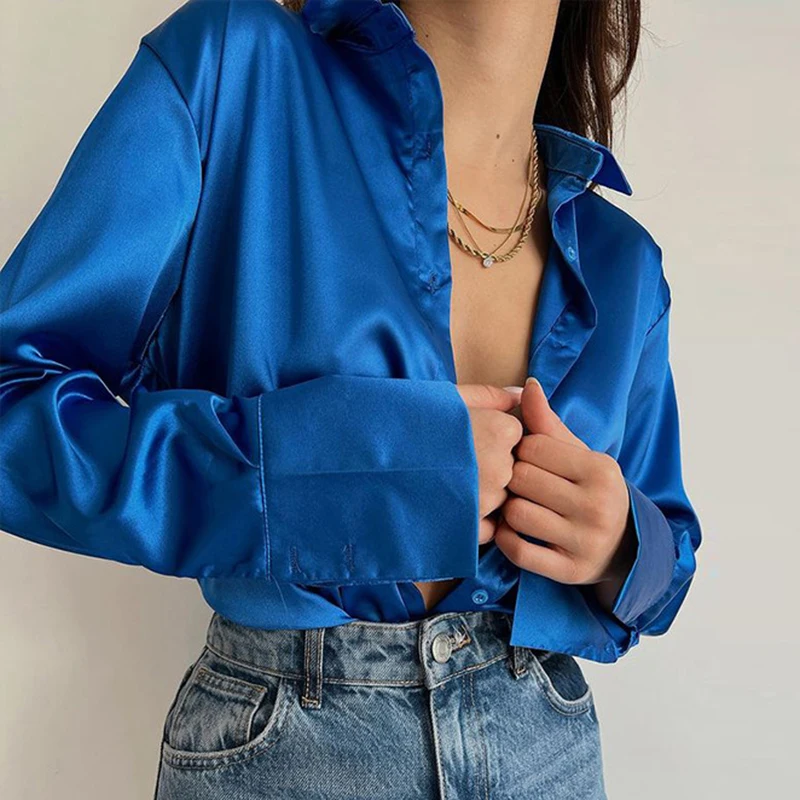 

Vintage Green Elegant Satin Shirts Women Loose Tops 2023 Spring Solid Long Sleeve Blouses Casual Loose Buttons Clothes 18913