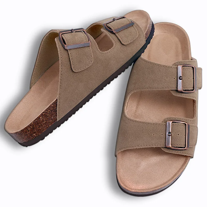 Shevalues Summer Women Cork Footbed Sandals Slip On Outdoor Suede Mules Slide Clogs Home Double Buckle Sandals With Arch Support