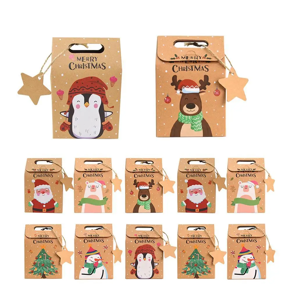 

12/24pcs Merry Christmas Candy Gift Box Kraft Paper Cookies Gift Packing Bags With Tag Home New Year 2024 Xmas Party Decoration