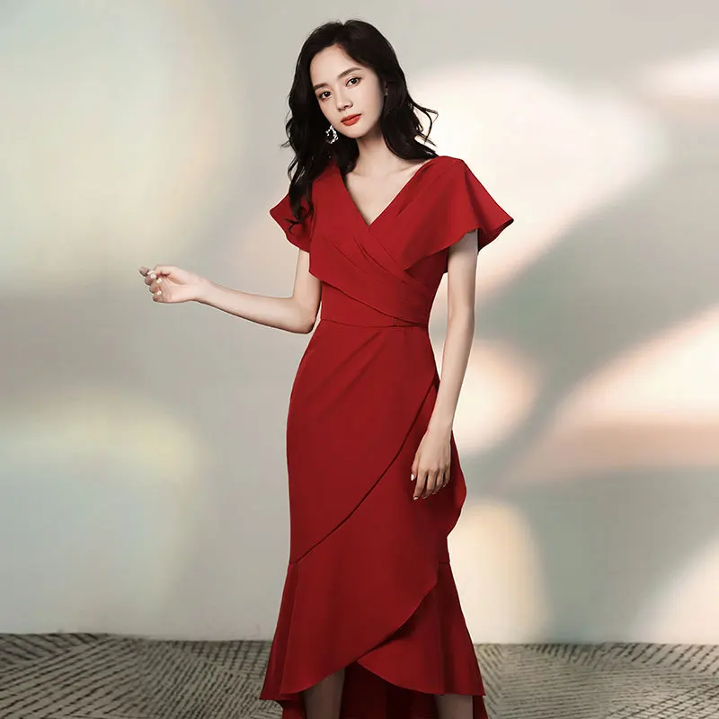 

Women Mermaid Celebrity Asymmetrical Robe Banquet Party Gown V-Neck Qipao Fishtail Chinese Sexy Cheongsam Dresses De Soiree