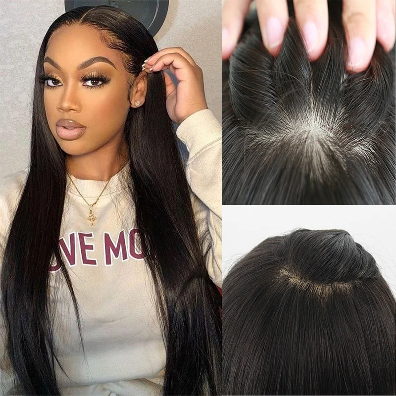 Soft 20 inch Brazilian Human Hair Topper Silk Skin Base Toupee With 2 cm PU Around Virgin Hair Extension with Clips for Women