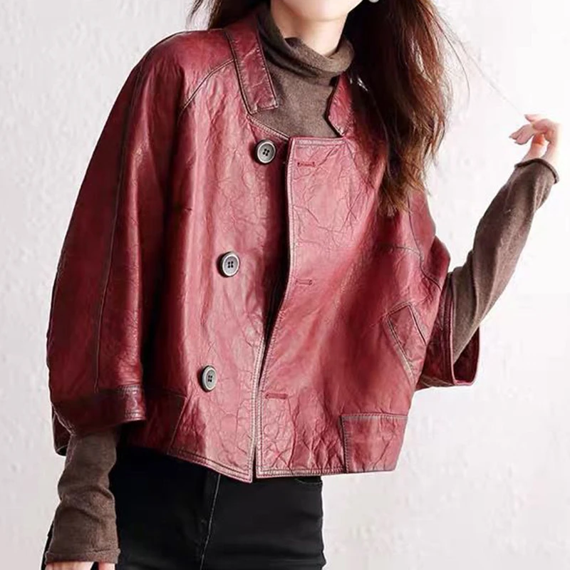 

Vintage leather jacket Women's short single-skin cloak Large loose single-skin sheep skin jacket bomber jacket mujer Pockets