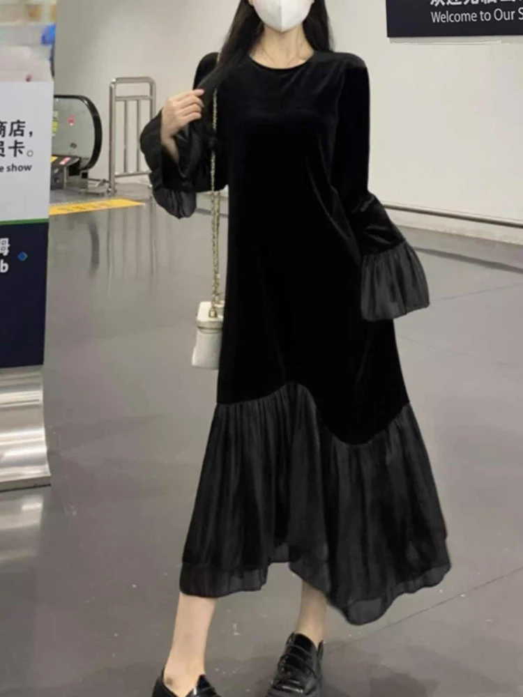 Женское бархатное платье-годе с длинным рукавом и круглым вырезом