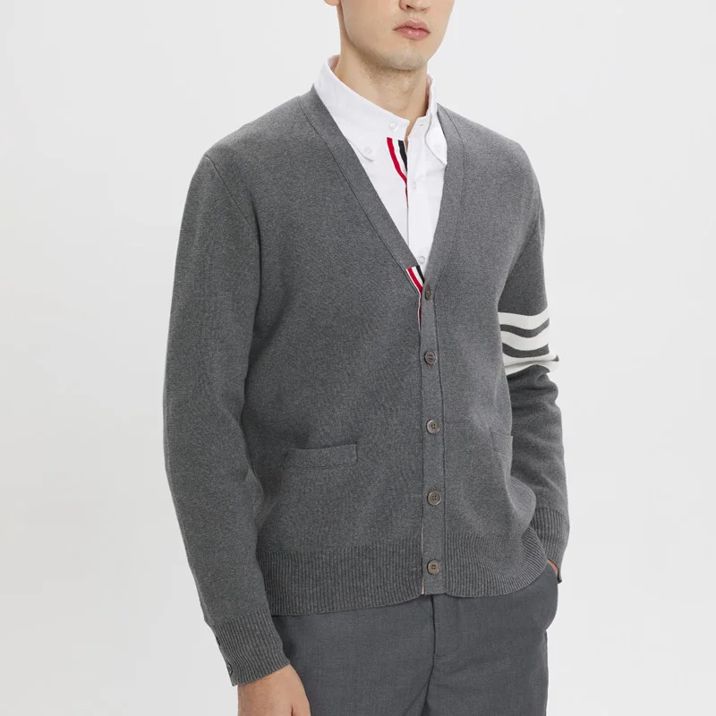 TB THOM Sweater Male Autumn Winter Fashion Brand Men's Clothing 4-Bar Stripe V-Neck Cardigan Coats Casual Harajuku Sweaters