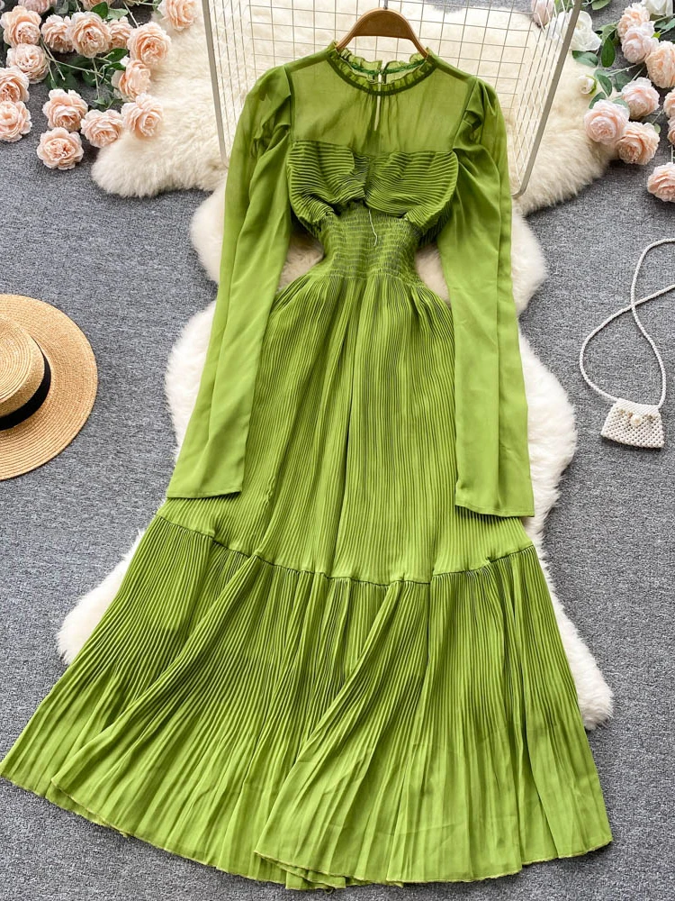 

Женское шифоновое плиссированное платье-макси, Элегантное Длинное праздничное платье-трапеция с высокой талией и драпировкой, осень 2022