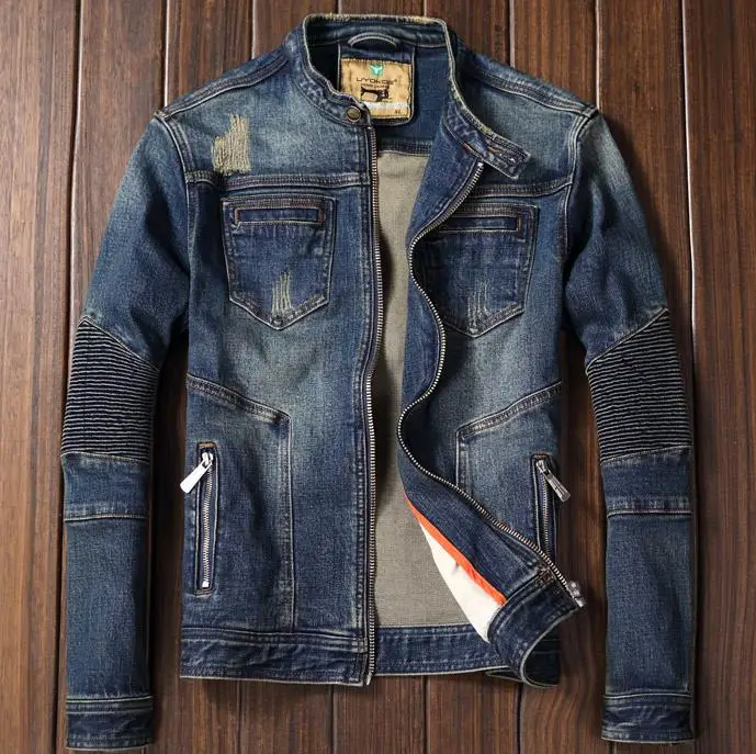 

Men's Motorcycle Biker Denim Jacket Stand Collar Zipper Retro Slim Fit Young Man Jeans Coat Spring Autumn M-3XL