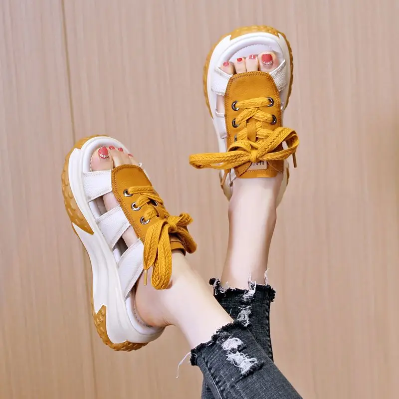 Thick Bottom Casual Sandals Women's 2023 Summer New Soft Bottom Non-Slip Lace-up Dad Shoes All-Match Sports Flip Flops