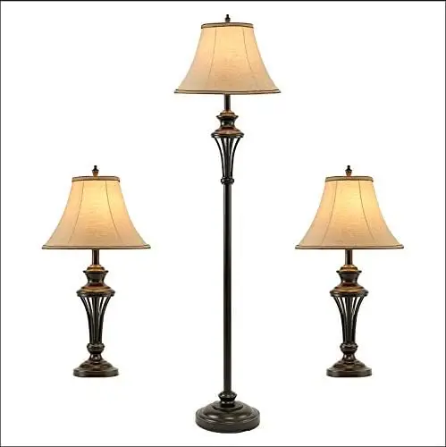 

Набор из 3 ламп (2 настольных лампы, 1 Напольная Лампа), набор из 3 настольных и торшерных ламп в винтажном стиле с бронзовой отделкой и коричневой тканью