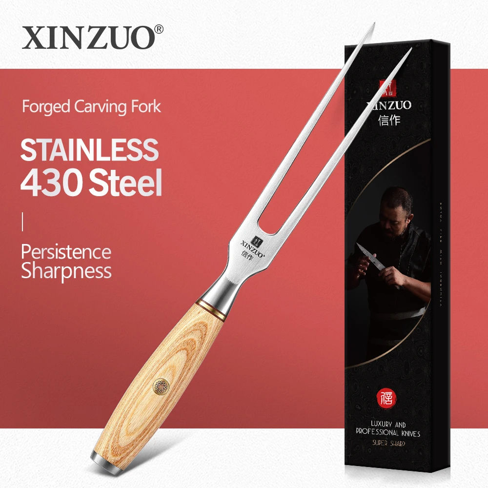 

XINZUO Forged Carving Fork 430 Stainless Steel Barbecue Fork Carving Fork Meat Fork Barbecue Tools Log Color Pakkawood Handle