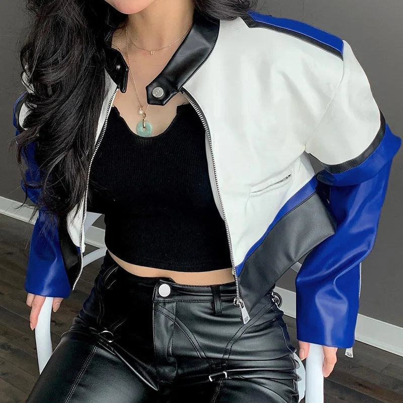 Street Trend Short Leather Jacket Ins Niche Design Biker Jacket Hundred Personality Collision Color Top