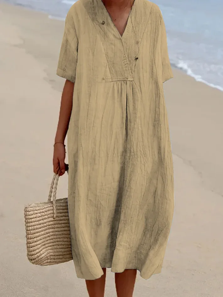 

Cotton and Linen Summer Dress Women Short Sleeve V-Neck Loose Long Midi Dress 2023 Blue Green Khaki Pink Clothes