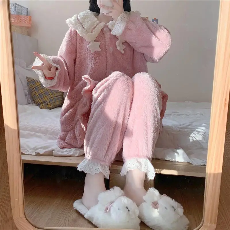 QWEEK Winter Women's Pajamas Kawaii Coral Fleece Pijamas Lace Pyjamas Soft and Warm Girls Home Clothes Blue Pink Two Piece Set
