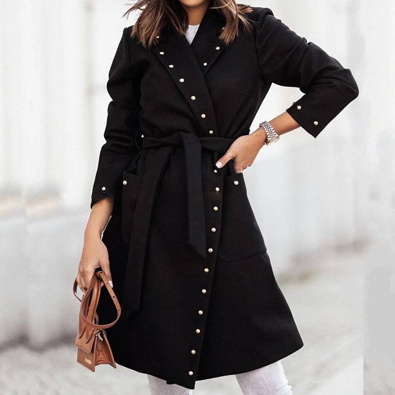 

Office Lady Elegant Rivet Belted Overcoat Autumn Solid Pocket Long Cardigan Jacket Winter Long Sleeve Warm Wool Outerwear & Coat