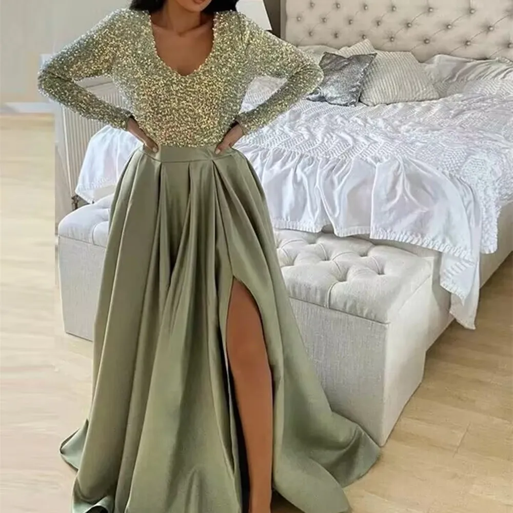 

Sequin A-Line Prom Dresses 2022 V-Neck Sexy High Slit Satin Green Long Sleeves Formal Evening Gowns Vestidos De Gala