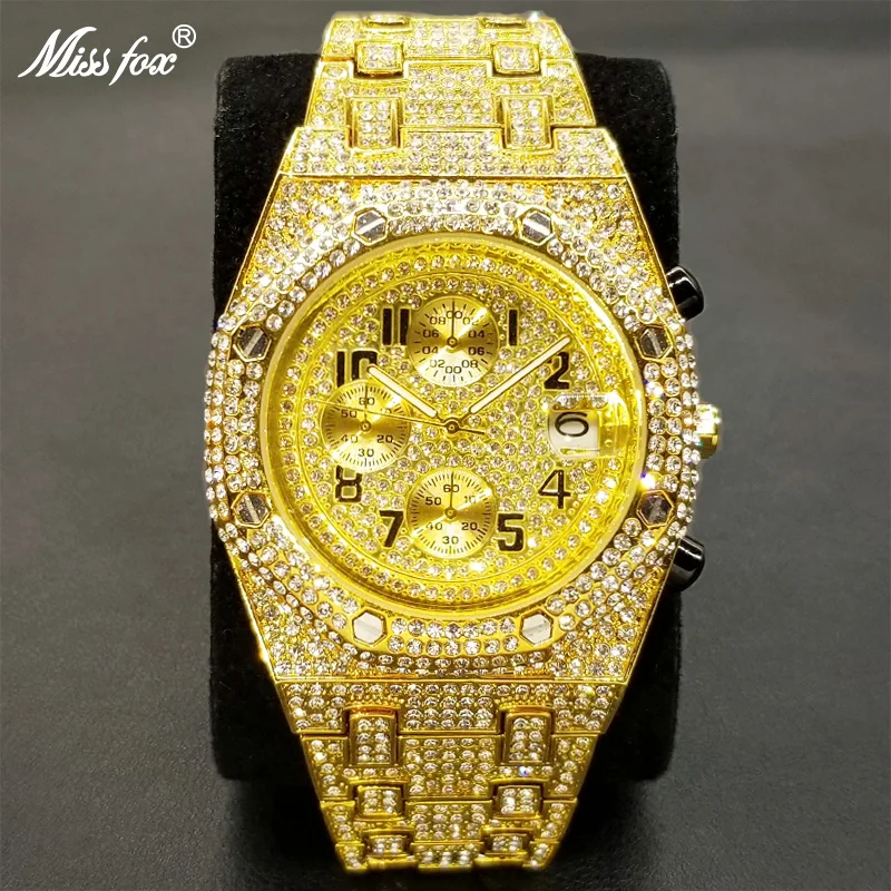 

New Fashion Ice Out watches For Men Luxury 18K Gold Diamond Quartz Watch Man Hip Hop Stylish Dive Chronograph Clock Dropshipping