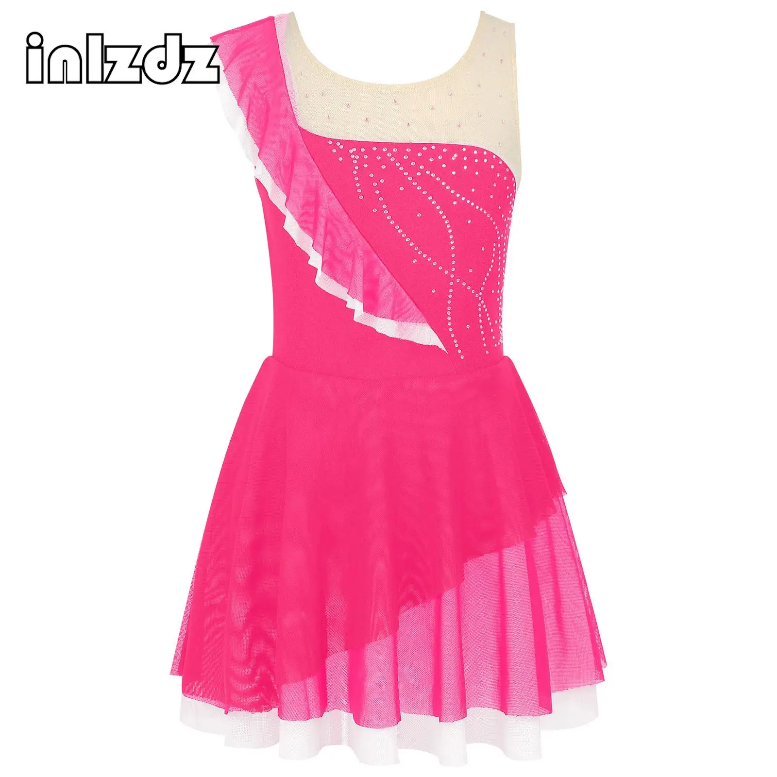 

Kids Girls Shiny Rhinestone Ruffle Flounce Figure Ice Skating Dress Ballroom Dancing Gymnastic Competition Leotard Dancewear