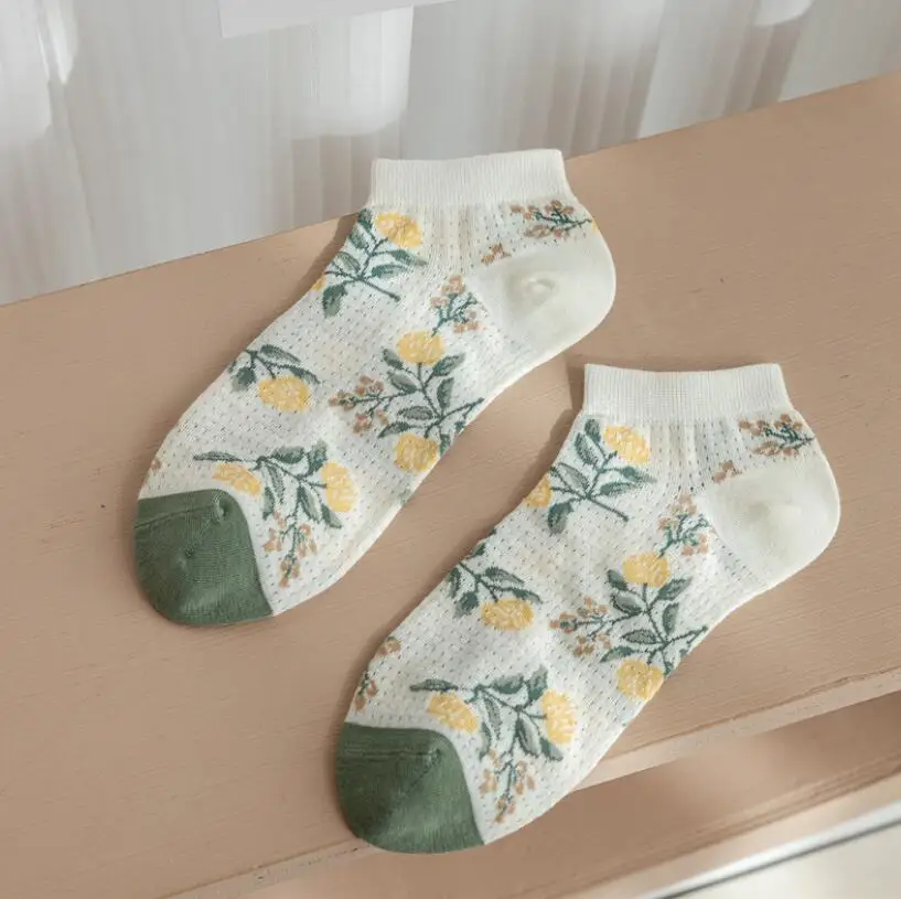 Summer Transparent Floral Socks for Women Cool Thin Mesh Crew Socks Light Crystal Striped Ankle Socks 5 Pairs/ Lot