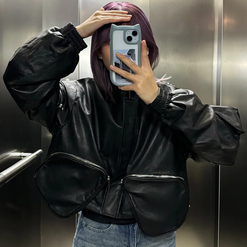 Женская укороченная куртка-пуховик из натуральной кожи черная дубленка большого