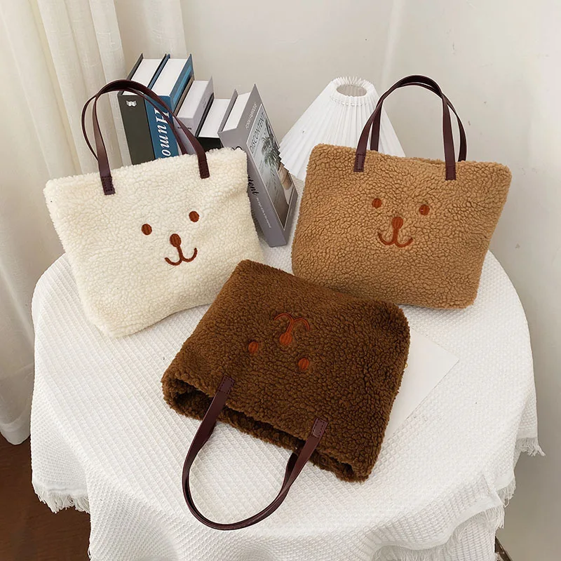 

Women Plush Bear Tote Shopping Bag Small Cute Handbag Korea Japanese Lovely Embroidery Autumn Winter Lambs Wool Girls 2022 New