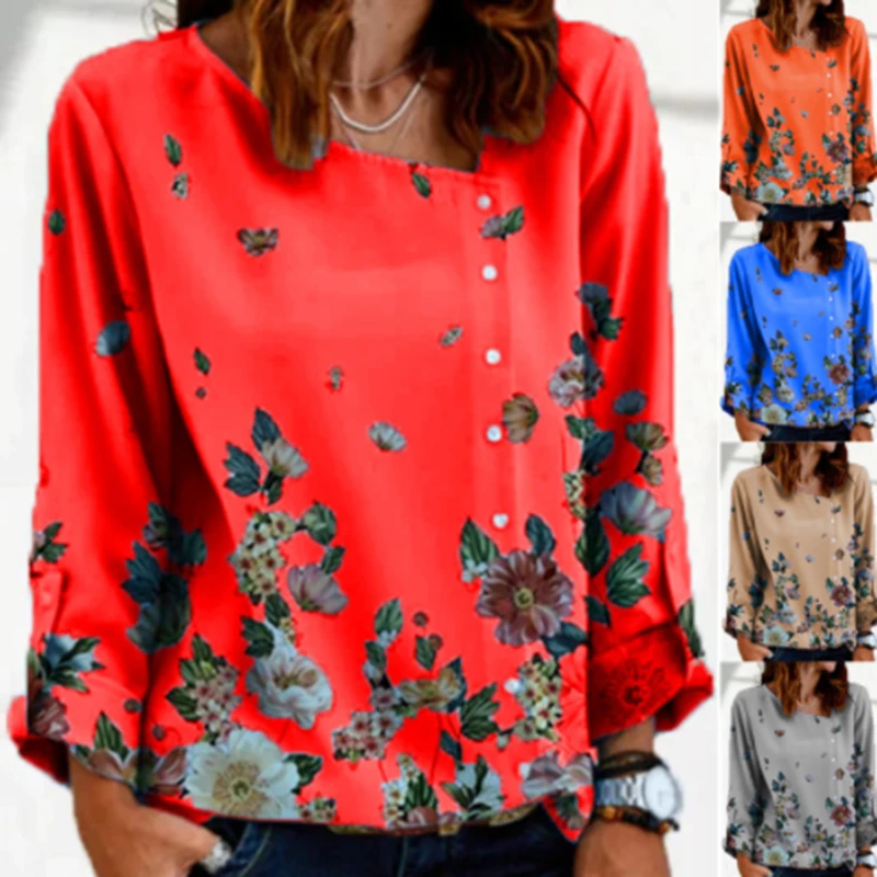 

Женская футболка с длинным рукавом, асимметричным диагональным воротником и цветочным 3D принтом