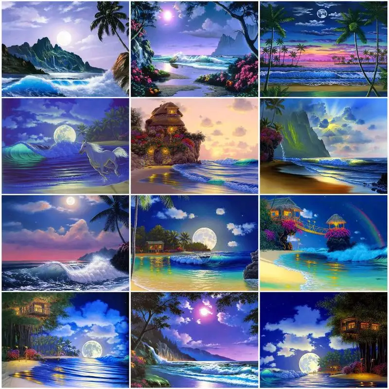 

CHENISTORY 40x50cm Painting By Numbers Seaside Moonlight With Frame Pictures By Numbers Scenery Number Painting Craftarts