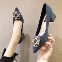 5cm mid heel womens pumps suede pointed toe square heel single shoes fairy style high heels rhinestone decoration party shoes