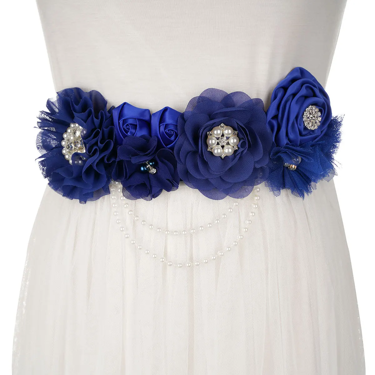 

New Royal Blue Handmade Flowers Pearls Belt Bridesmaid Gown Sash for Women Accessories Dress Matching
