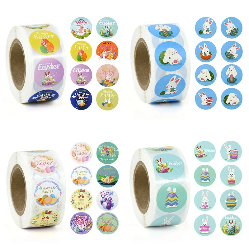 

500Pcs/Roll Happy Easter Stickers Bunny Eggs Self Adhesive Seal Label Sticker For Easter Party Kids Gift Bag Decor Tags Handmade