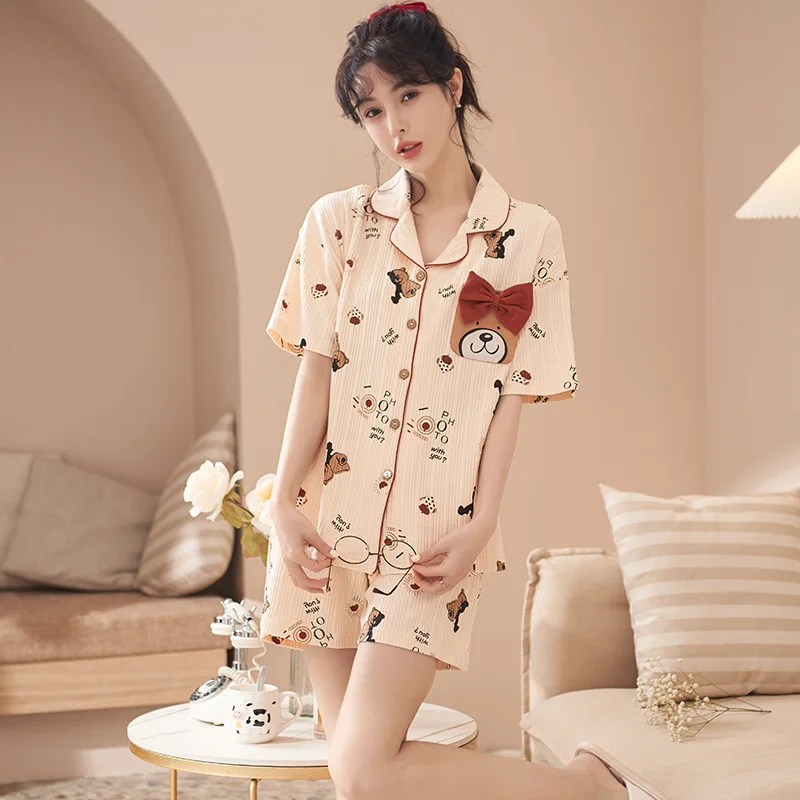 Ensemble Femme 2 Pièces Summer Women's Pajamas Home Clothes Pure Cotton V-neck Cardigan Short Sleeve Shorts Sleepwear