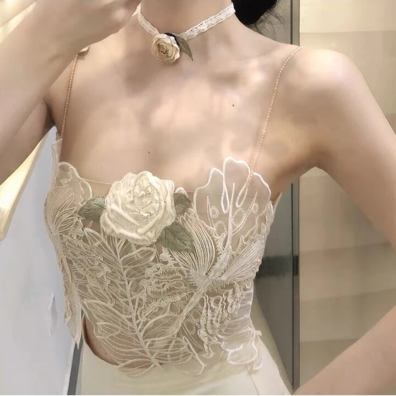 

Perspective Summer Chic 3D Roses Mesh Stitching Flowers Gold Embroidery Vest Tube Tops Floral Gold Camis Crop Tank Tops 2022