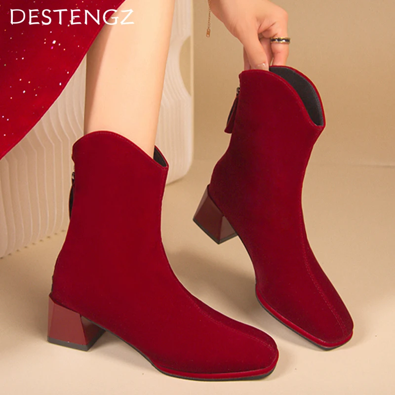 Замшевые женские ботильоны на массивном каблуке Модная элегантная Свадебная