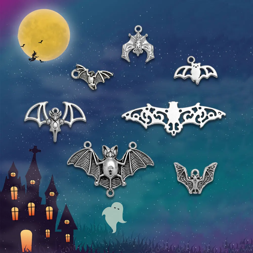 

Antique Silver Plated Halloween Party Charms Bat Horror Pendants For Diy Keychain Jewelry Making Findings Supplies Accessories
