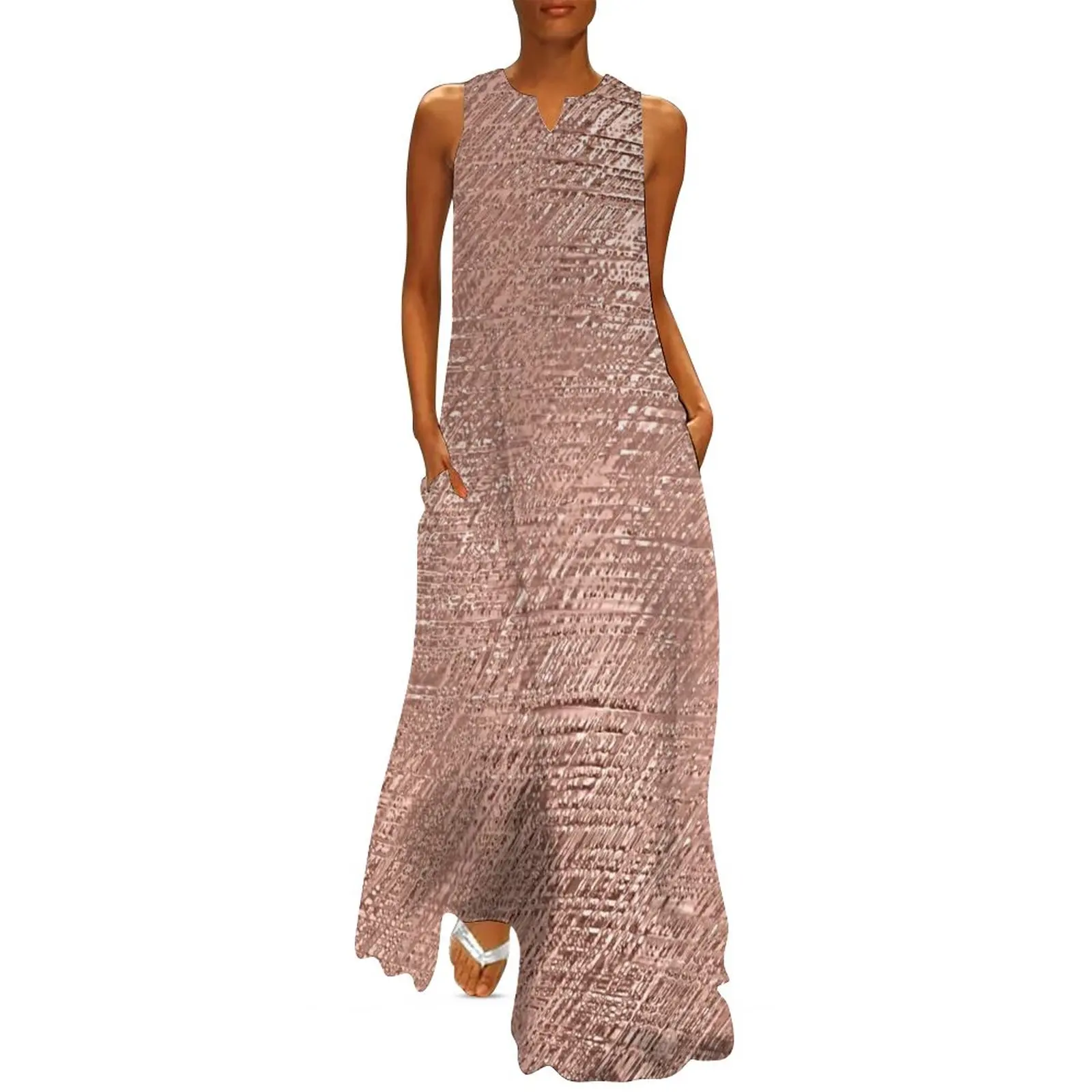 

Faux Metallic Dress Rose Gold Faux Textured Print Cute Maxi Dress Street Style Bohemia Long Dresses V Neck Vestido Big Size 5XL