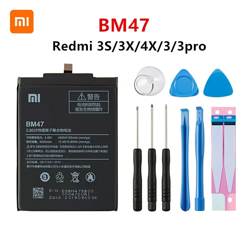 

100% Orginal BM47 4100mAh Battery For Xiaomi Redmi 3S 3X Redmi 4X Redmi 3 / 3pro BM47 Replacement Batteries +Tools