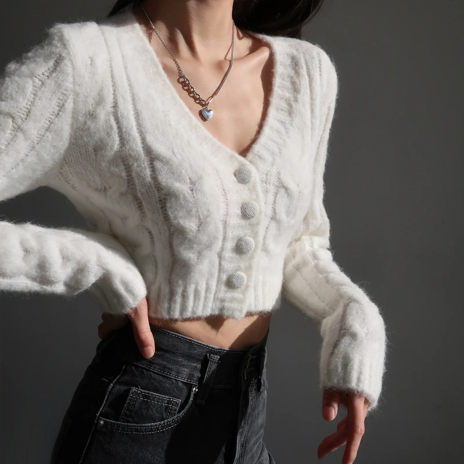 

WOMONGAGA Street Retro Style Slim V-Neck Short Knit Sweater Spring Autumn High Waist Long Sleeve Women's Clothing 8PYU