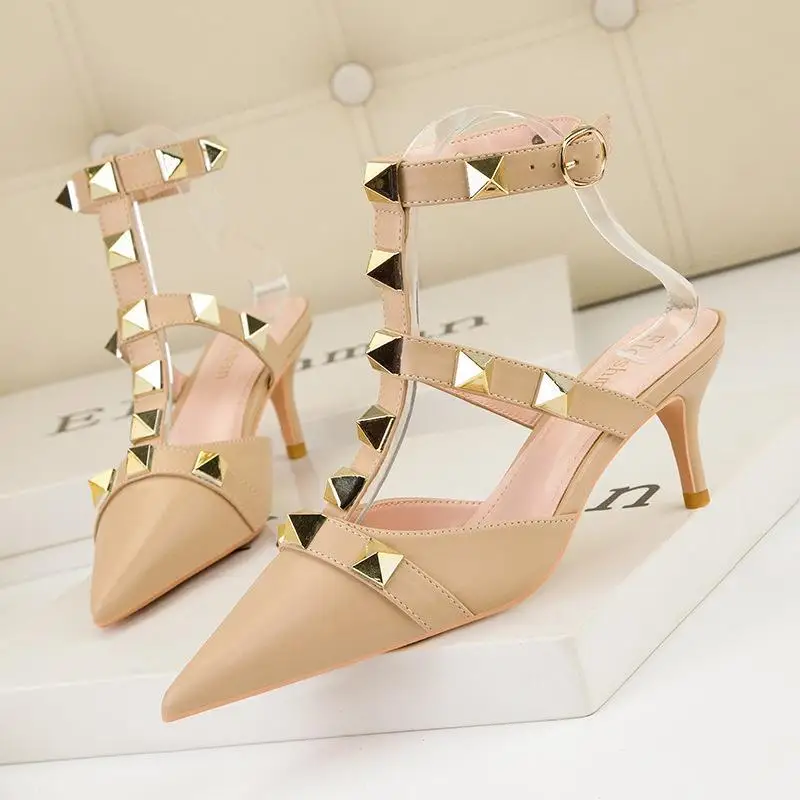 

Women Shoes Rivets Sandals Female 2023 Summer 6cm Fashion Sexy Stiletto High Heels Metal Rivet Hollow Sandals Zapatos De Mujer