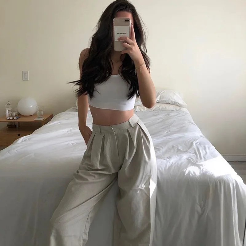 Grey Wide Leg Pants for Women High Waist Pockets Pants Loose Workwear Office Lady Female Black Trousers Pantalon